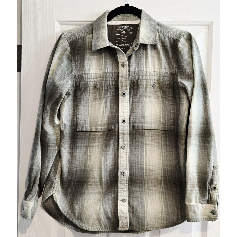 REI Co-op Plaid Shirt Womens Small S Sage Green Ombre Flannel Gorpcore Hiking
